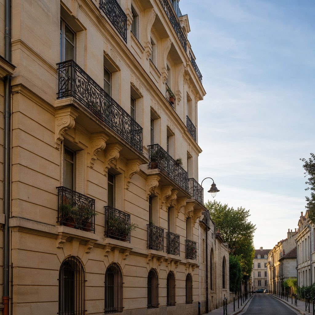 façade d'un immeuble résidentiel en pierre avec des balcons, dans une rue calme d'une ville moyenne française, lumière douce de fin de journée